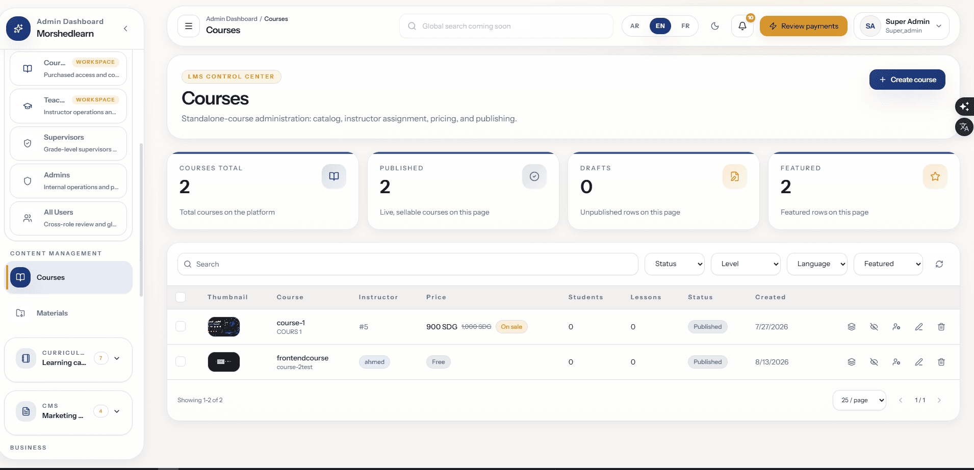 Courses — standalone catalogue with instructor, pricing, level, language, and publishing