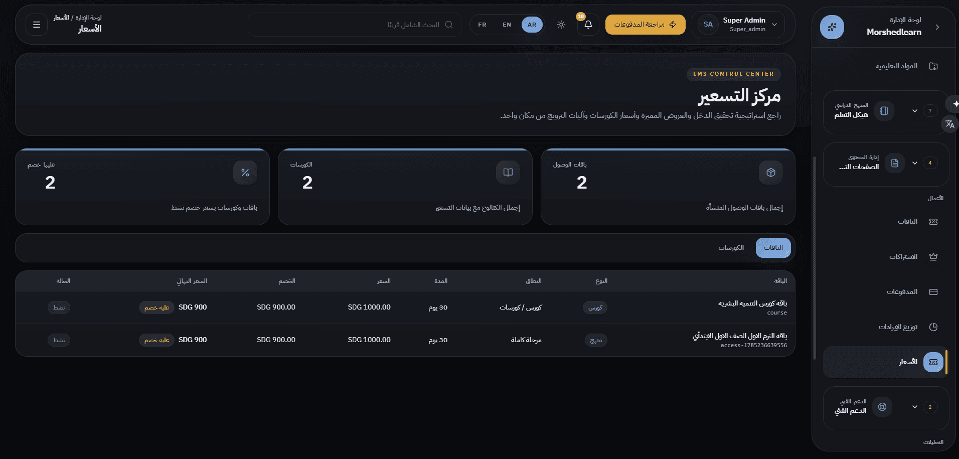 Pricing centre — access packages and courses with scope, duration, discount, and final price