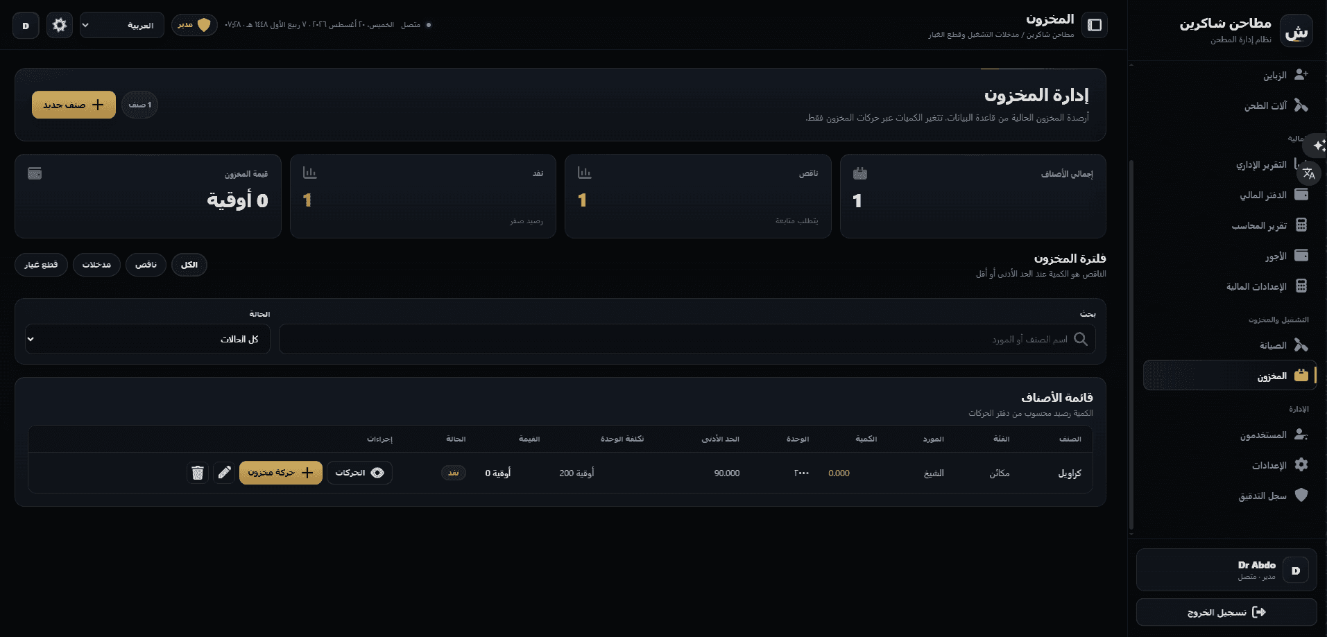 Inventory — catalogue with quantities, minimum thresholds, unit cost, and stock value