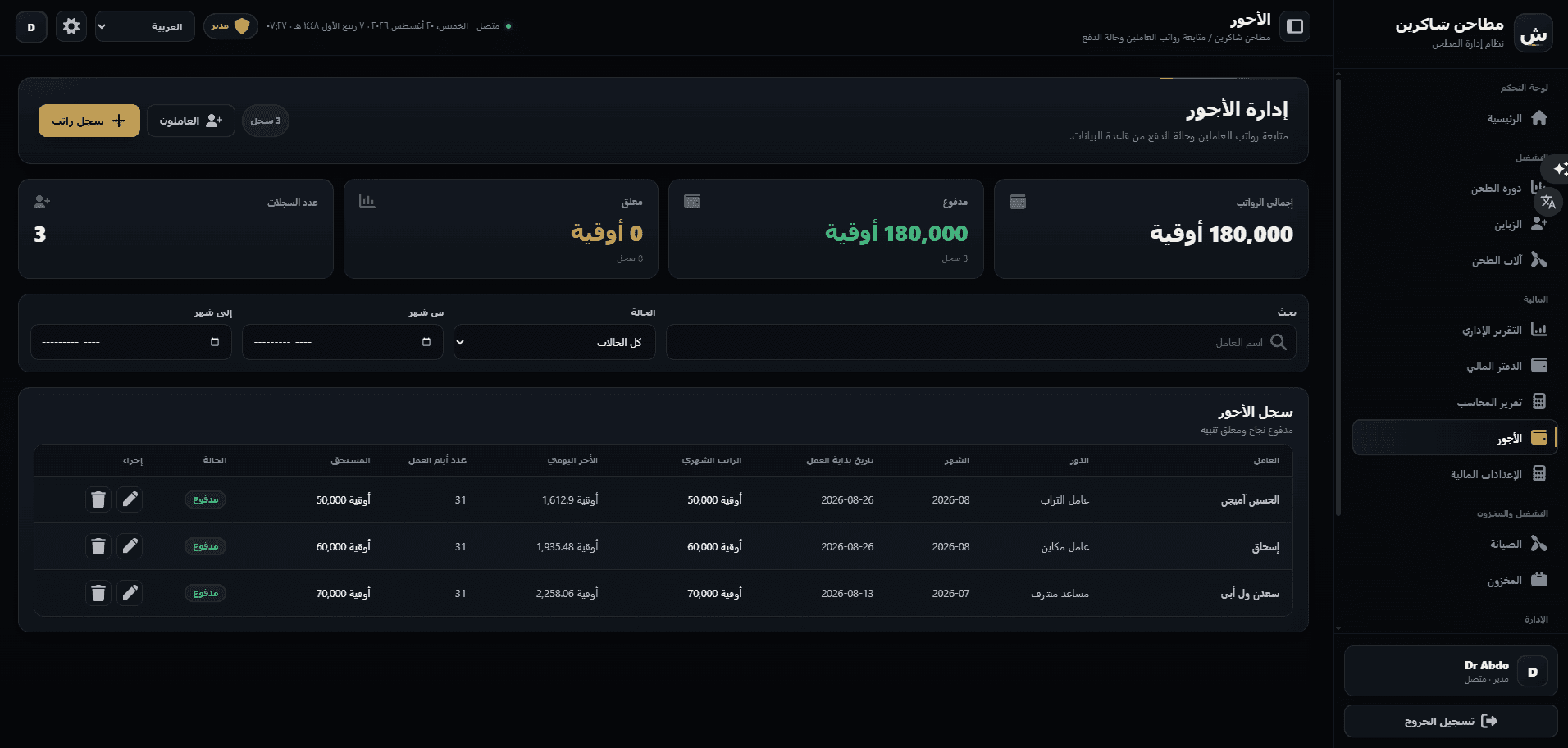 Payroll — monthly and daily salary, worked days, accrued value, and payment state