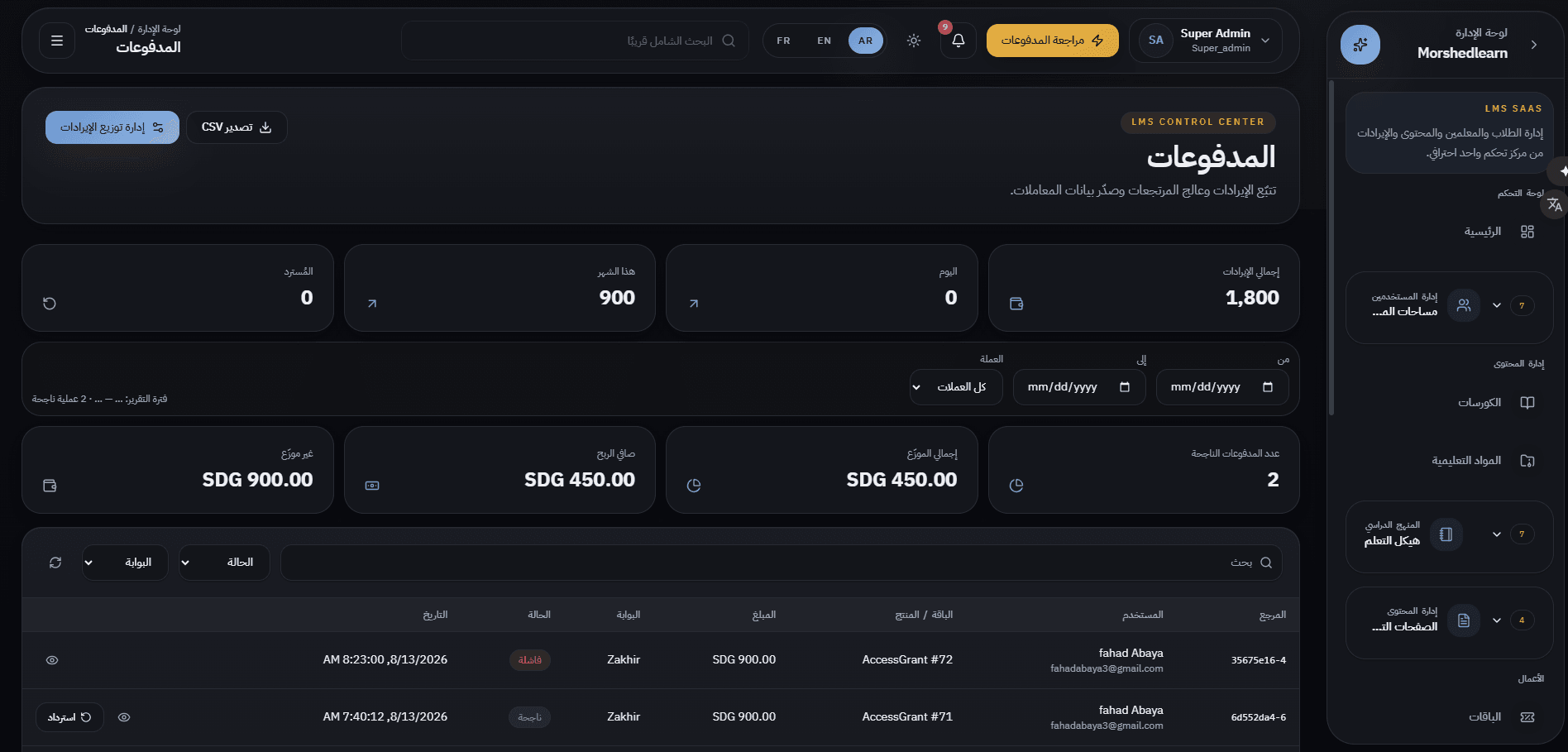 Payments — revenue, refunds, and transactions by gateway and status, with CSV export