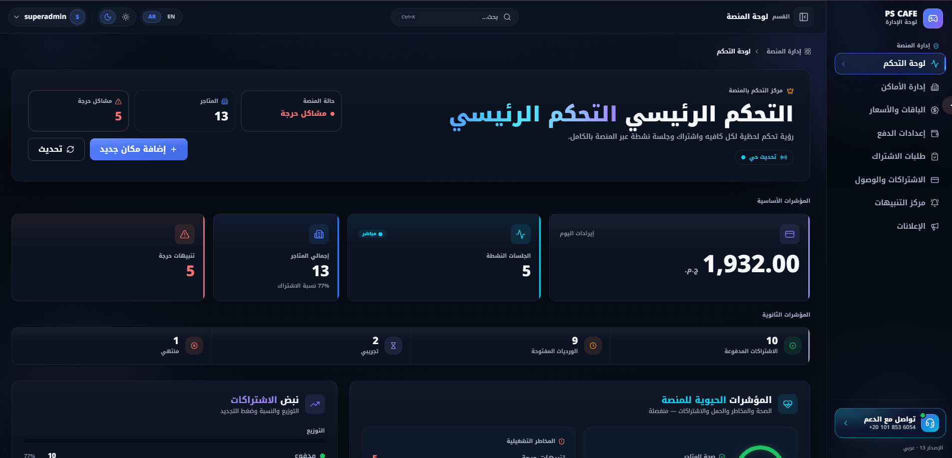 لوحة التحكم في المنصة