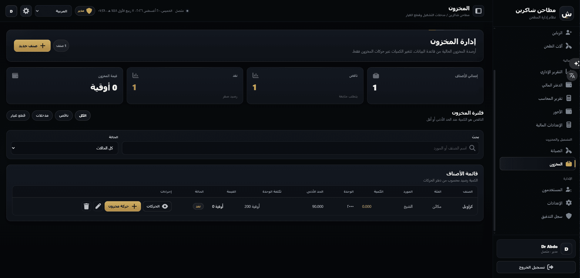 Inventory — catalogue with quantities, minimum thresholds, unit cost, and stock value